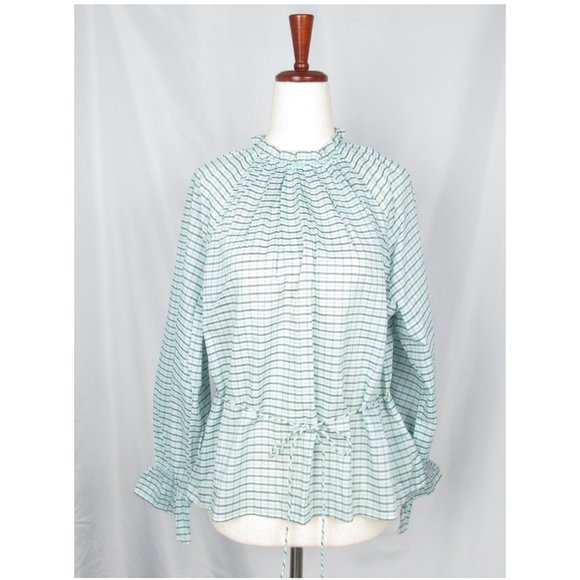 J Crew Tie-Waist Top w/ Ruffle Collar Green Plaid - Medium - Picture 2 of 10